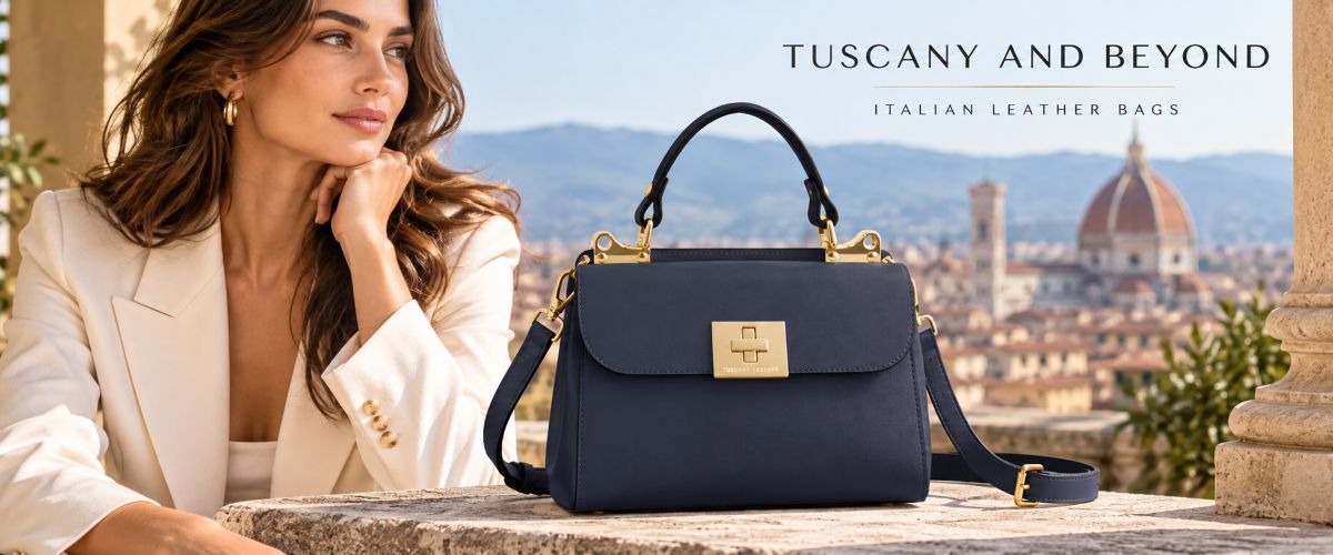 Structured navy leather handbag with a top handle and shoulder strap