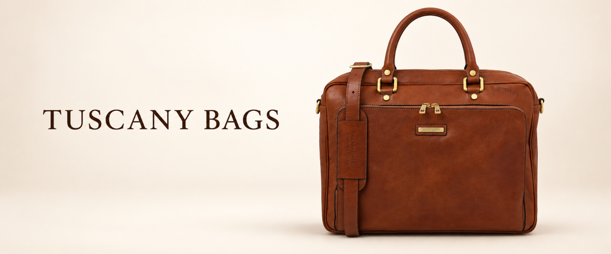 Brown leather briefcase with twin handles, front pockets and a shoulder strap